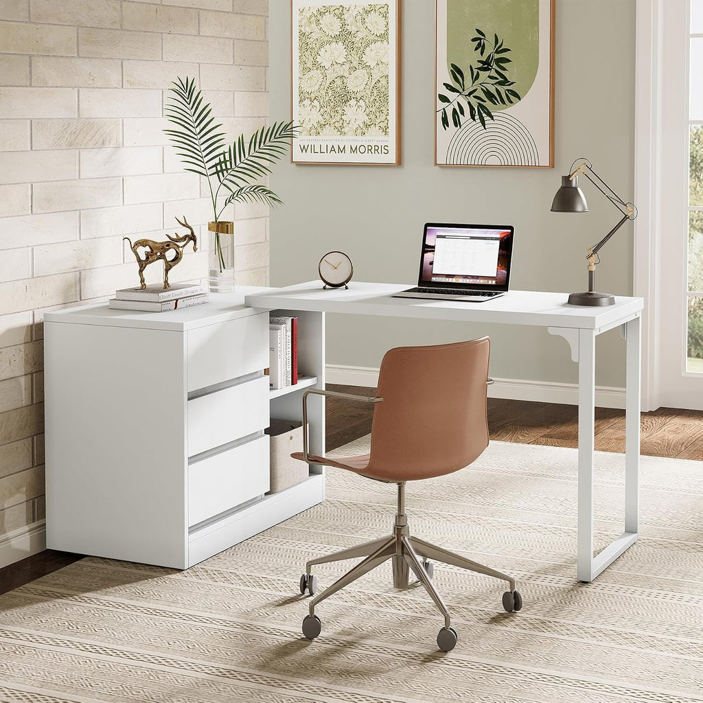 Tribesigns L-Shaped Computer Desk with Drawers and Shelves, Reversible White Corner Office Desk with Storage Cabinet, Modern Study Writing Table for Home Office, Bedroom