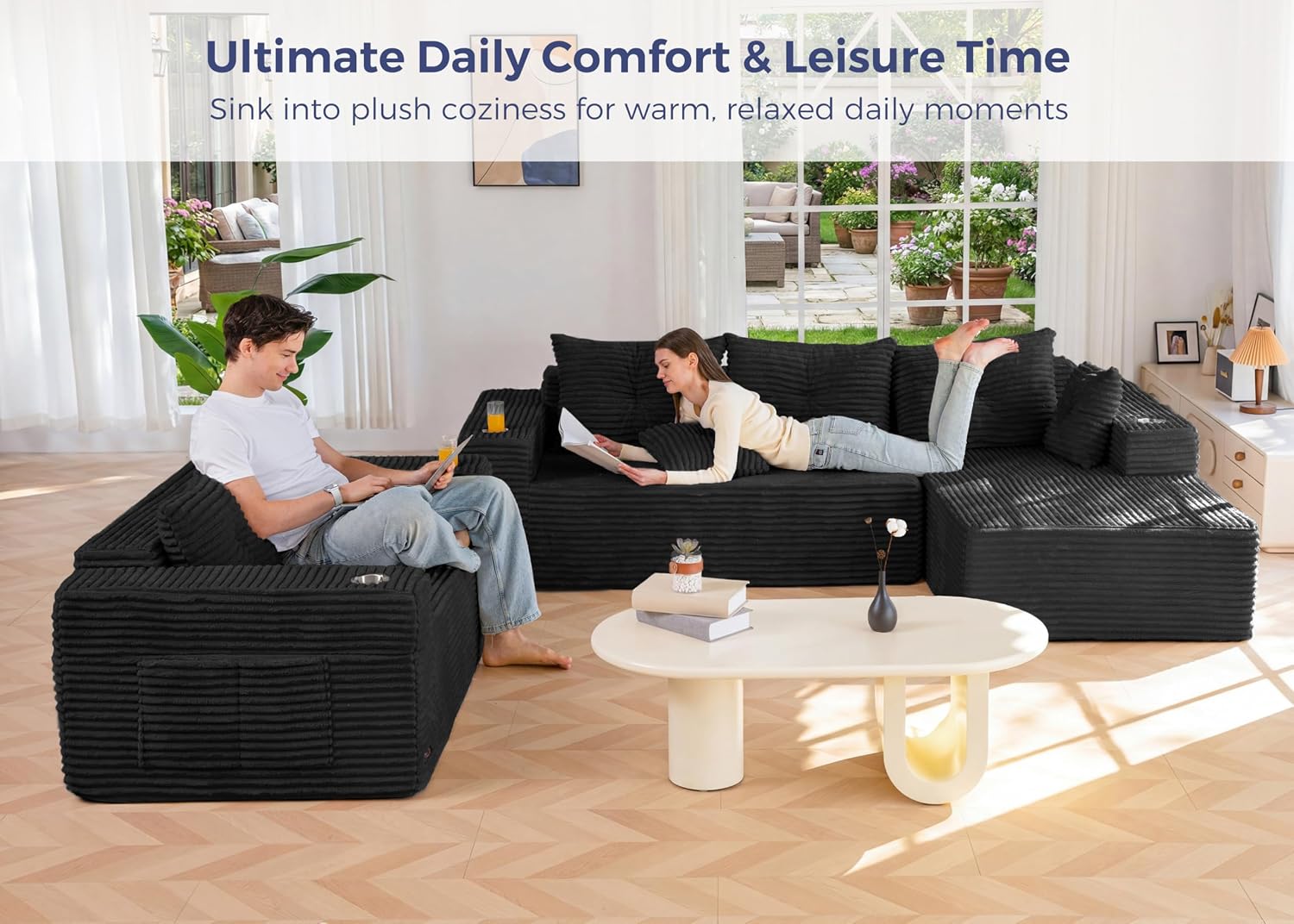 MAXYOYO Modular Sectional Couch with L-Shape Chaise and Loveseat, Modern Boneless Couch for Living Room, Oversized Sofa Sleeper with Deep Seat, No Assembly Required, Black