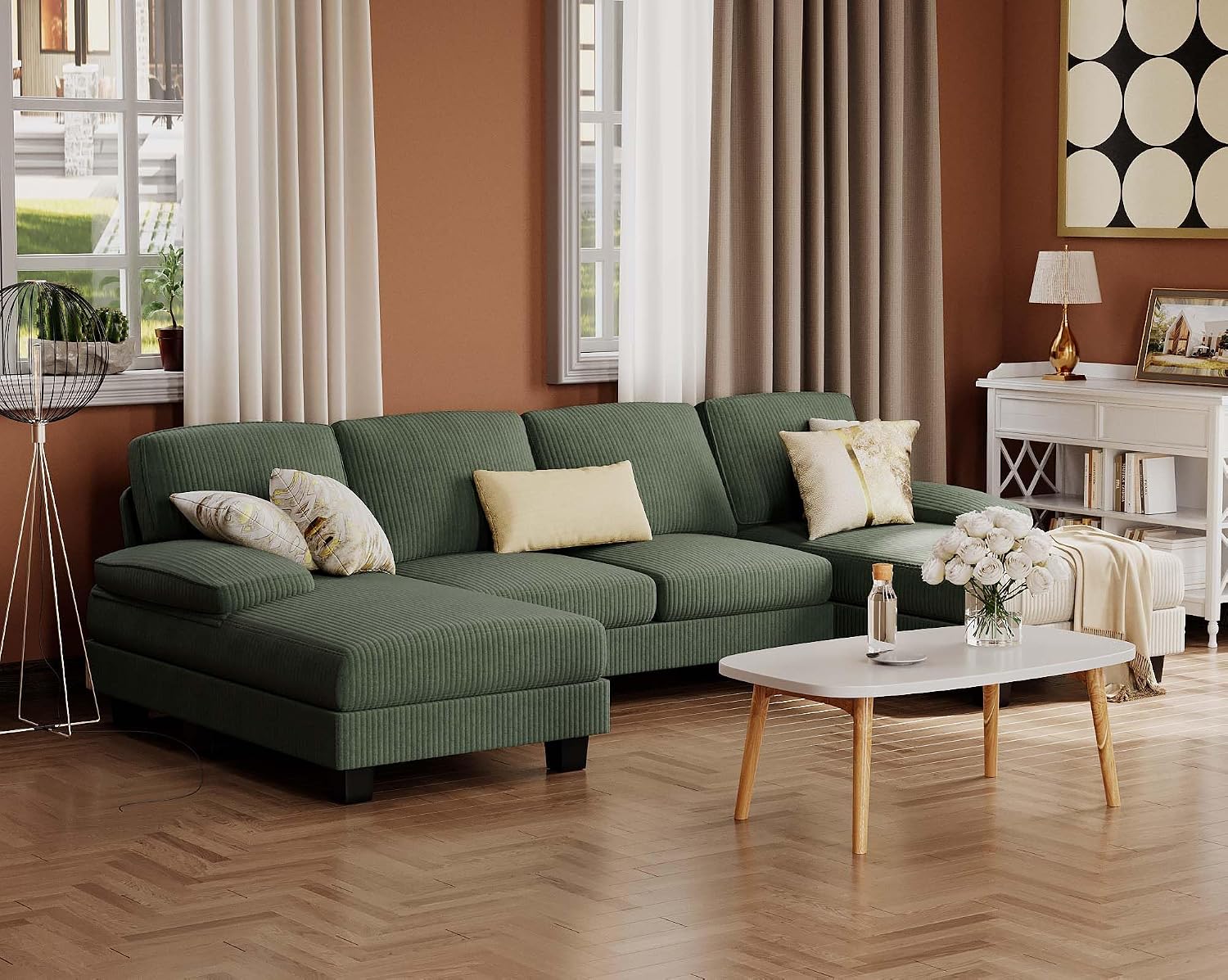 Furmax Sectional Couches for Living Room, U-Shaped Sofa Couch with Linen Fabric, 4 Seat Sofa Set with Double Chaise for Apartment (Corduroy, Dark Green)