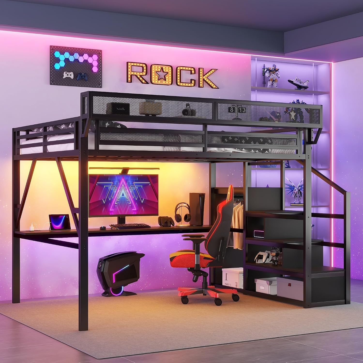 Queen Size Loft Bed with Stairs & Desk, Metal High Gaming Loft Bed Queen Frame with Storage Shelves, RGB Light & Charging Station, Heavy-Duty Beds with Closet for Adults,Teens, Kids, All Black
