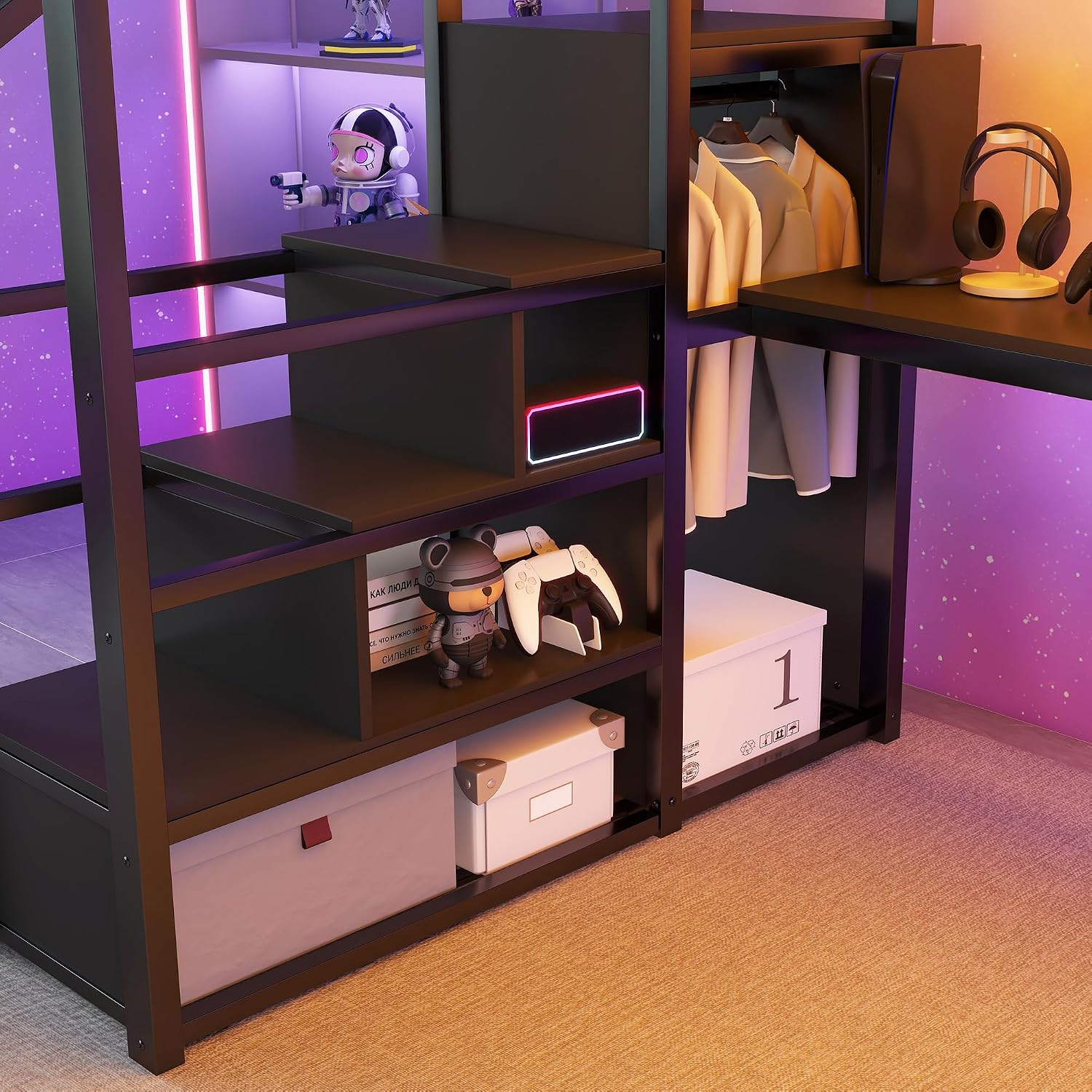 Queen Loft Bed with Desk and Stairs, Metal Lofts Bed Queen Size with Upper Storage Shelf, Gaming LoftBed with LED, Charging Station and Wardrobe for Teens, Adults,Black and Black Stairs