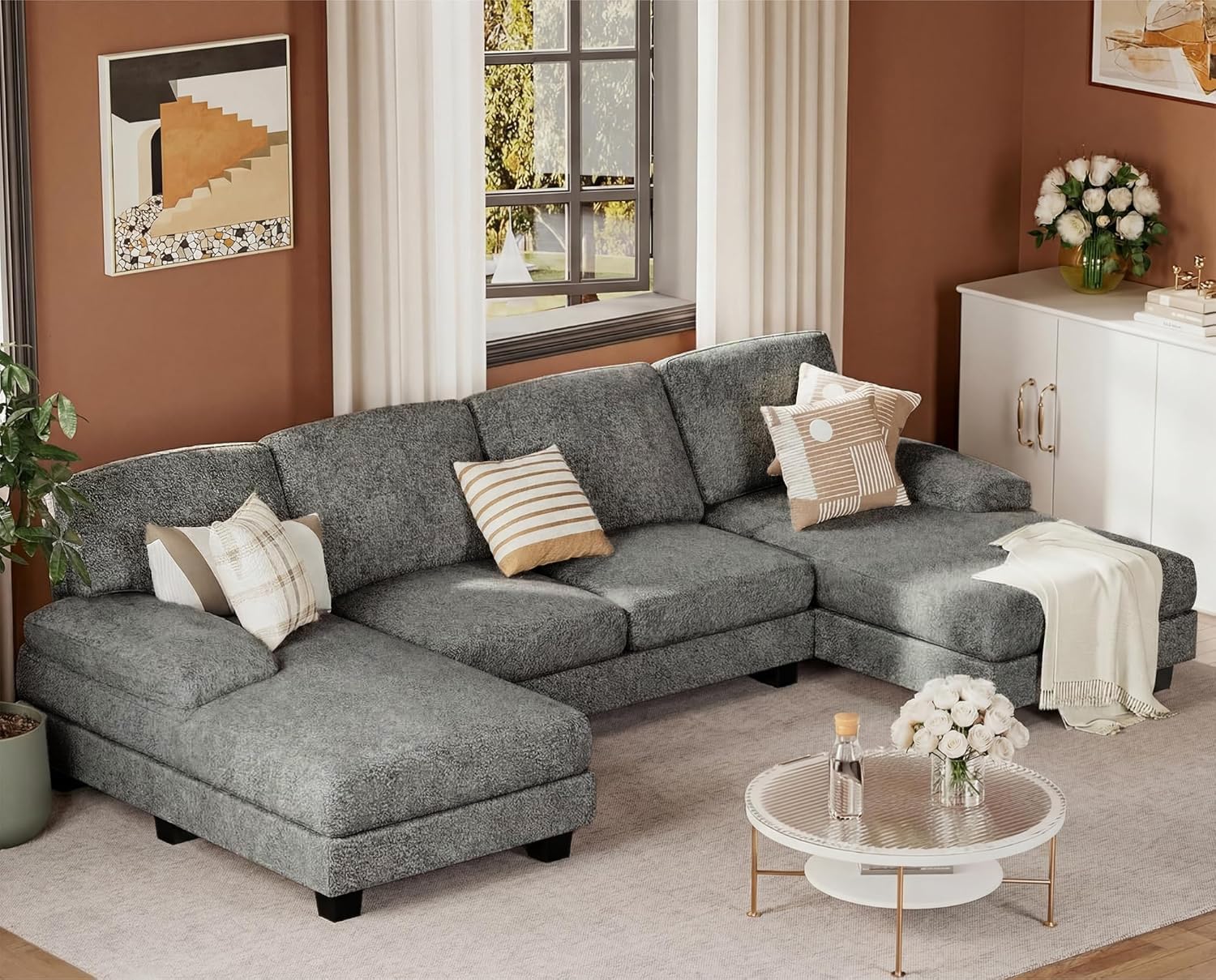 JUMMICO Sectional Couches for Living Room, U Shaped Couch with Chenille Fabric, 4 Seat Modern Sofa with Removable Pillows for Apartment and Small Space (Loop Yarn, Pearl Gray)