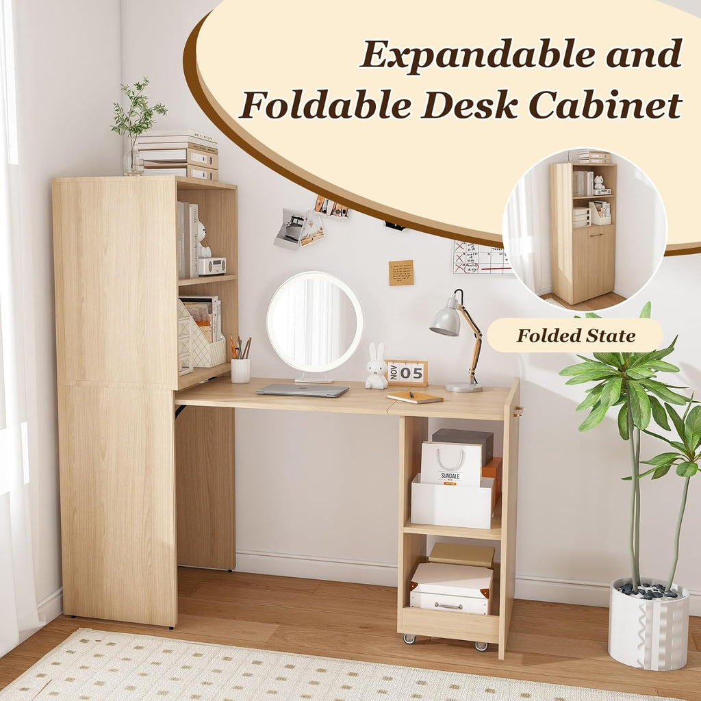 KEIKI Home Office Stretchable Desks with Storage Shelves and Mobile Wheels, Modern Wood Foldable Desk Gaming Computer Corner Table for Apartments Work, Study, Writing, Natural