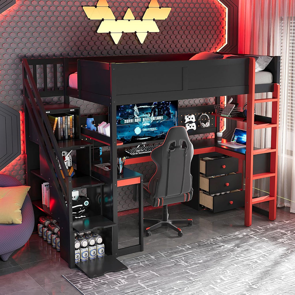 Merax Wooden Gaming Loft Bed with Storage Stairs, Desk, Shelves & Pegboard, Twin Size, Black+Red