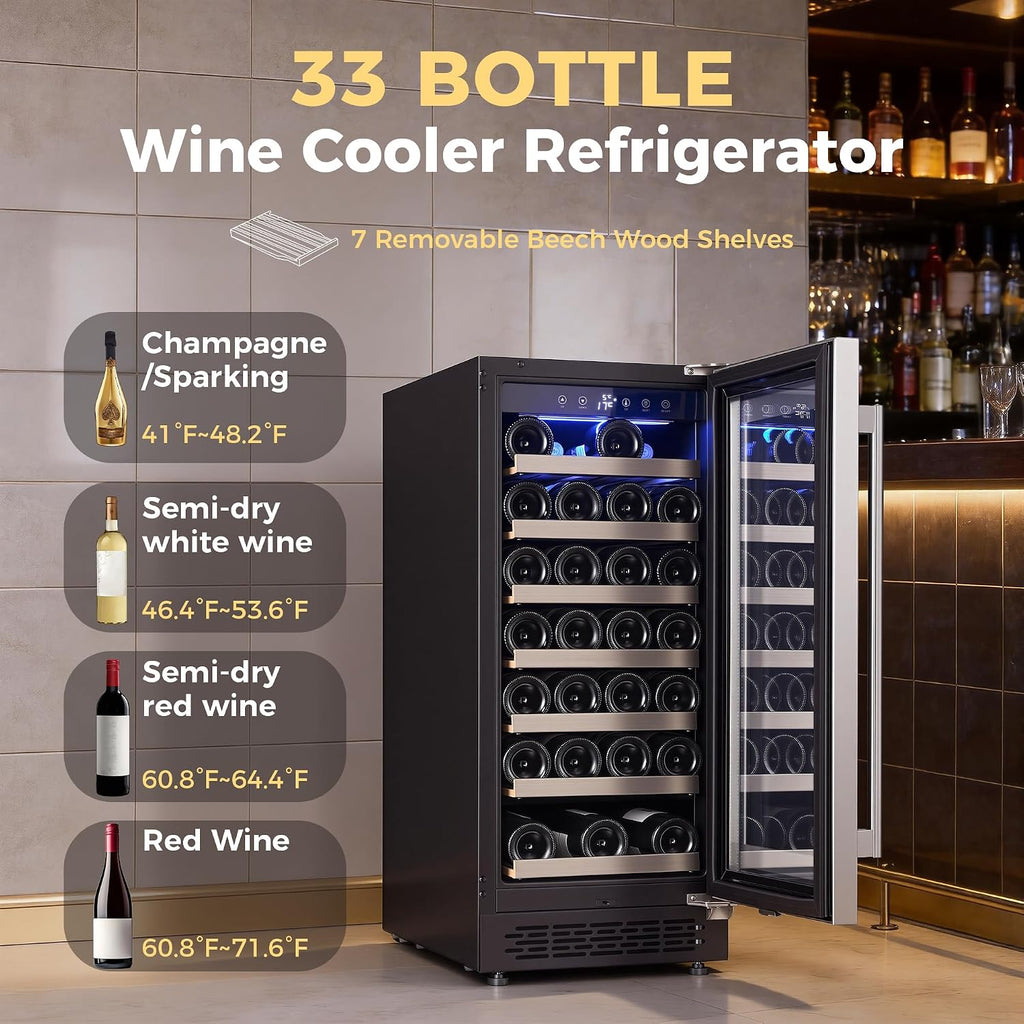 Iceblue Wine Fridge, 33 Bottles Wine Cooler Refrigerator, 41℉-72℉ Adjust Temperature Mini Fridge, Built-in Wine Refrigerator, Freestanding Beverage Refrigerator for Home, Office, Bar, Gift (Silver)