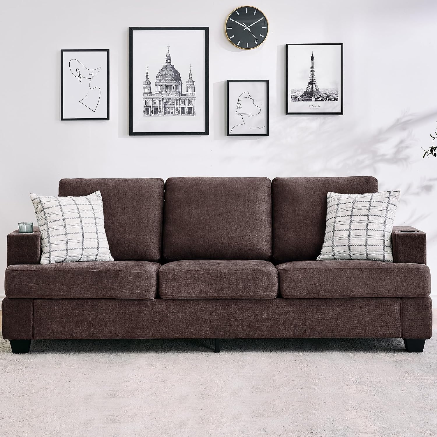 GarveeHome Modern 89 in 3-Seater Sofa for Living Room, Comfy Couches with Deep Seat, Chenille Couch with Cup Holders and Side Storage Pockets for Apartment Lounge, Brown
