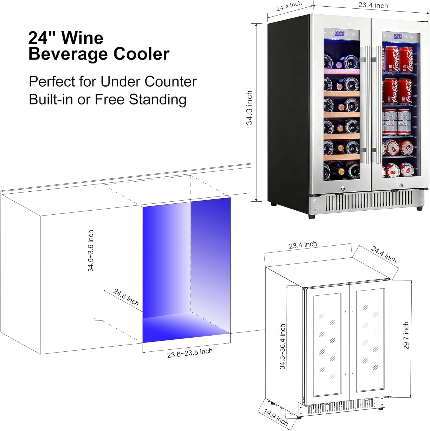 Cobalance 24 Inch Dual Zone Wine and Beverage Refrigerator-72 Cans and 20 Bottles Cooler, & Single Bottle Wine Chiller,Built-in or Freestanding Fridge for Beer, Soda, Drinks, Home,