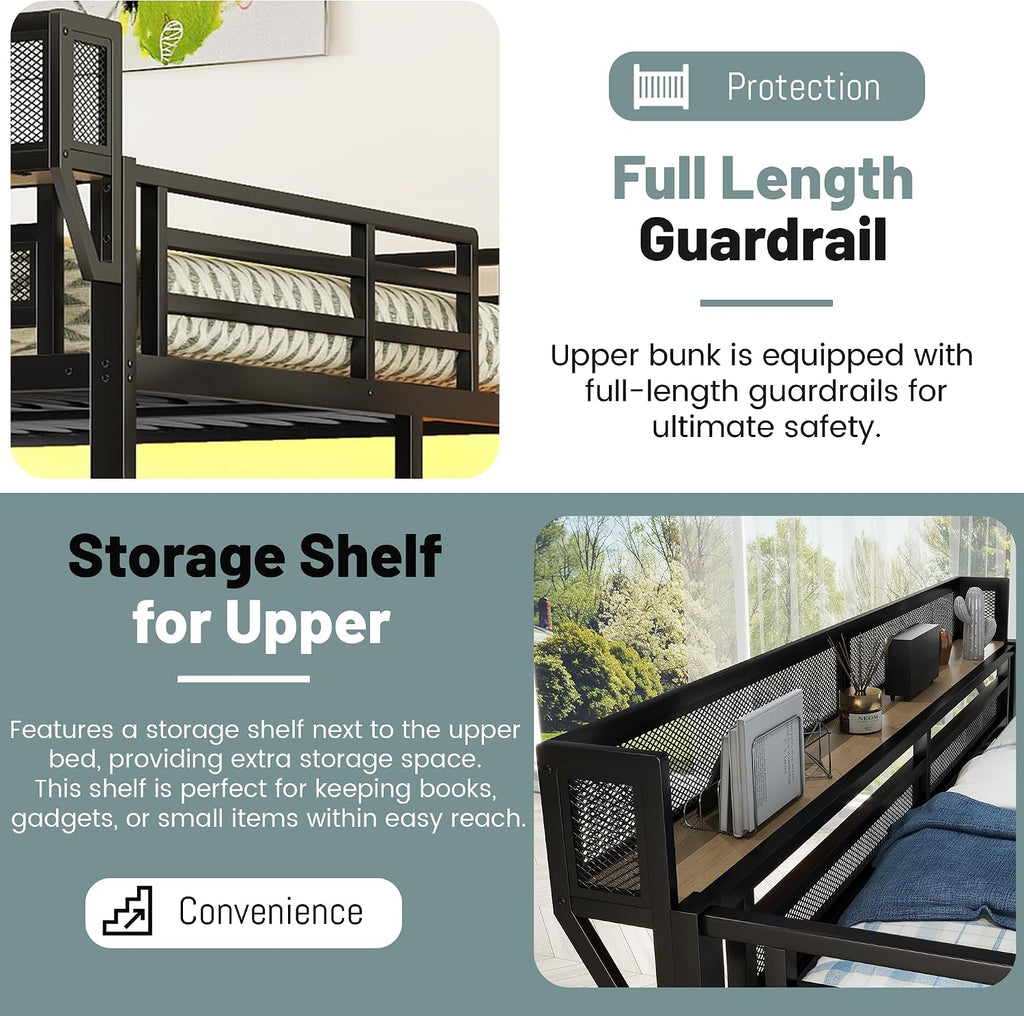 Queen Size Loft Bed with Stairs and Desk, Metal Lofts Bed Queen with Upper Storage Shelf, Gaming LoftBed with LED, Charging Station and Wardrobe for Teens, Adults,Black