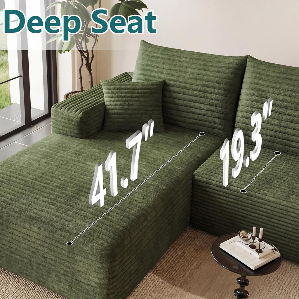 95' Modular Sectional Couch, Boneless L Shaped Cloud Sofa with Chaise Lounge, Corduroy Upholstered Couches Memory Foam Deep Seat, No Assembly Required, Ideal for Living Room(Green, Left Facing)