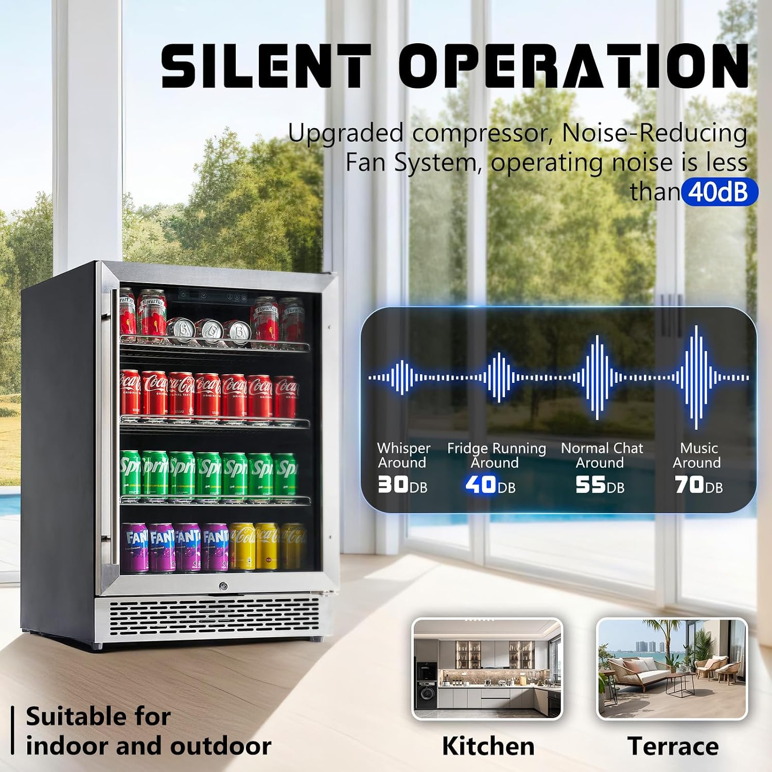 Jocisland 24 Inch Beverage Refrigerator, Built-In or Freestanding Fridge with Glass Door, LED Touch Control, Adjustable Shelves, Holds 207 Cans, Under Counter Beer & Wine Cooler, 34–64℉