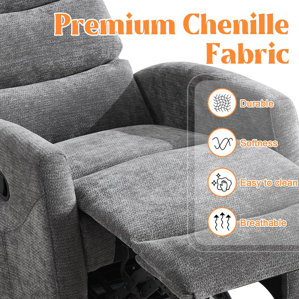 Luxlen Manual Swivel Rocker Recliner Chair with Massage, Overstuffed Recliner Glider with Vibration Massage and Heat for Nursery, Living Room Reclining Sofa Chair, Fabric Dark Gray