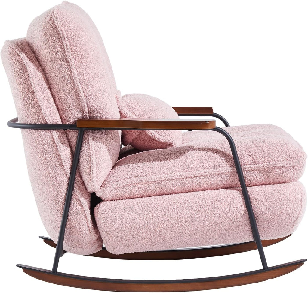 zyz Nursery Rocking Chair with Pillow, Teddy Upholstered Oversized Accent Chair Rocker Recliner, Solid Wood Frame, DIY Ottoman Footrest, Lazy Sofa for Living Room Bedroom (Teddy, Pink)