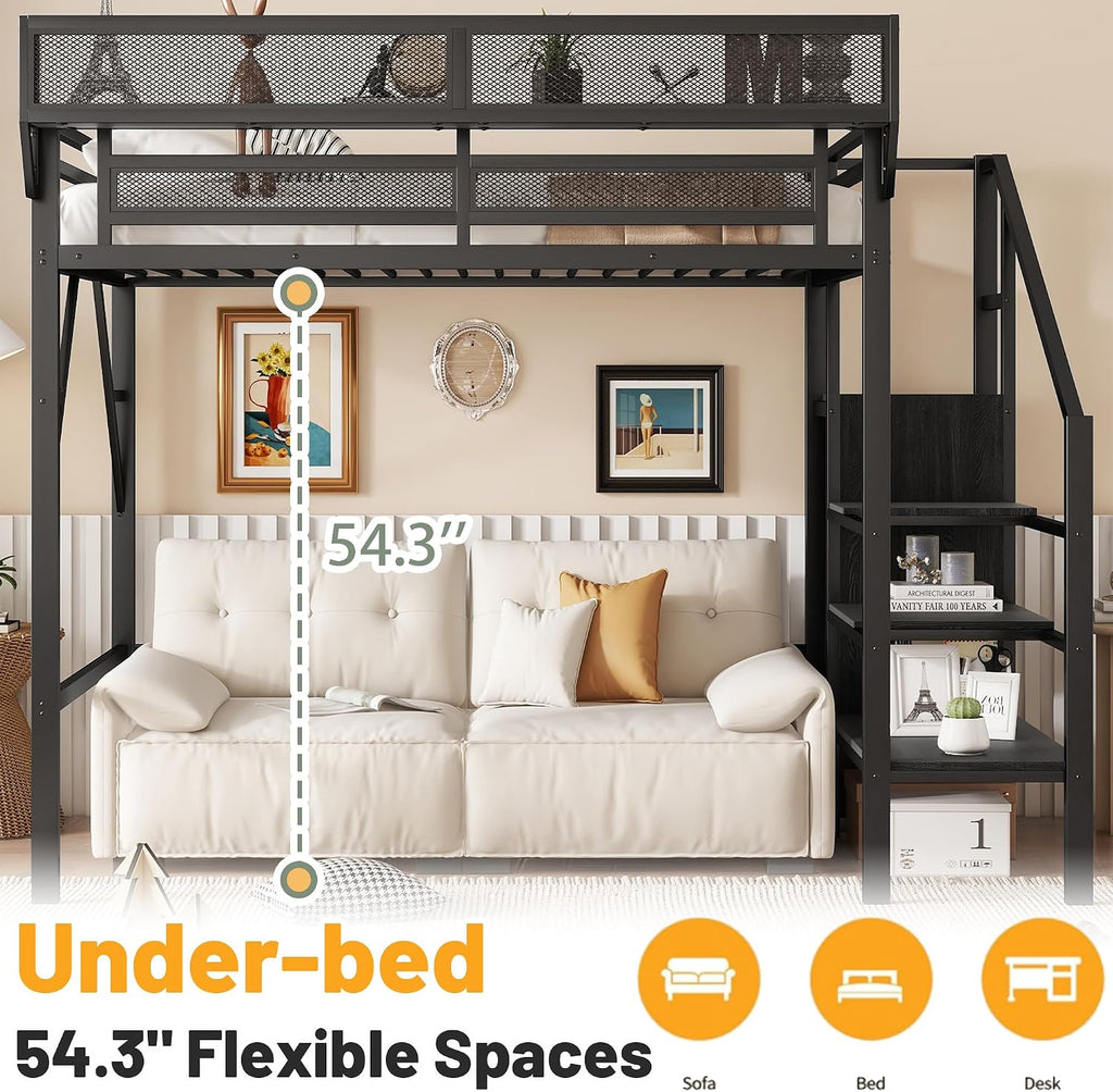 Twin Size Loft Bed with Stairs, Metal Loft Beds Twin with Storage Shelves, Adults Loft Bed with Wardrobe, Heavy Duty High Lofted Bed for Kids Teens,Black +Black Stair