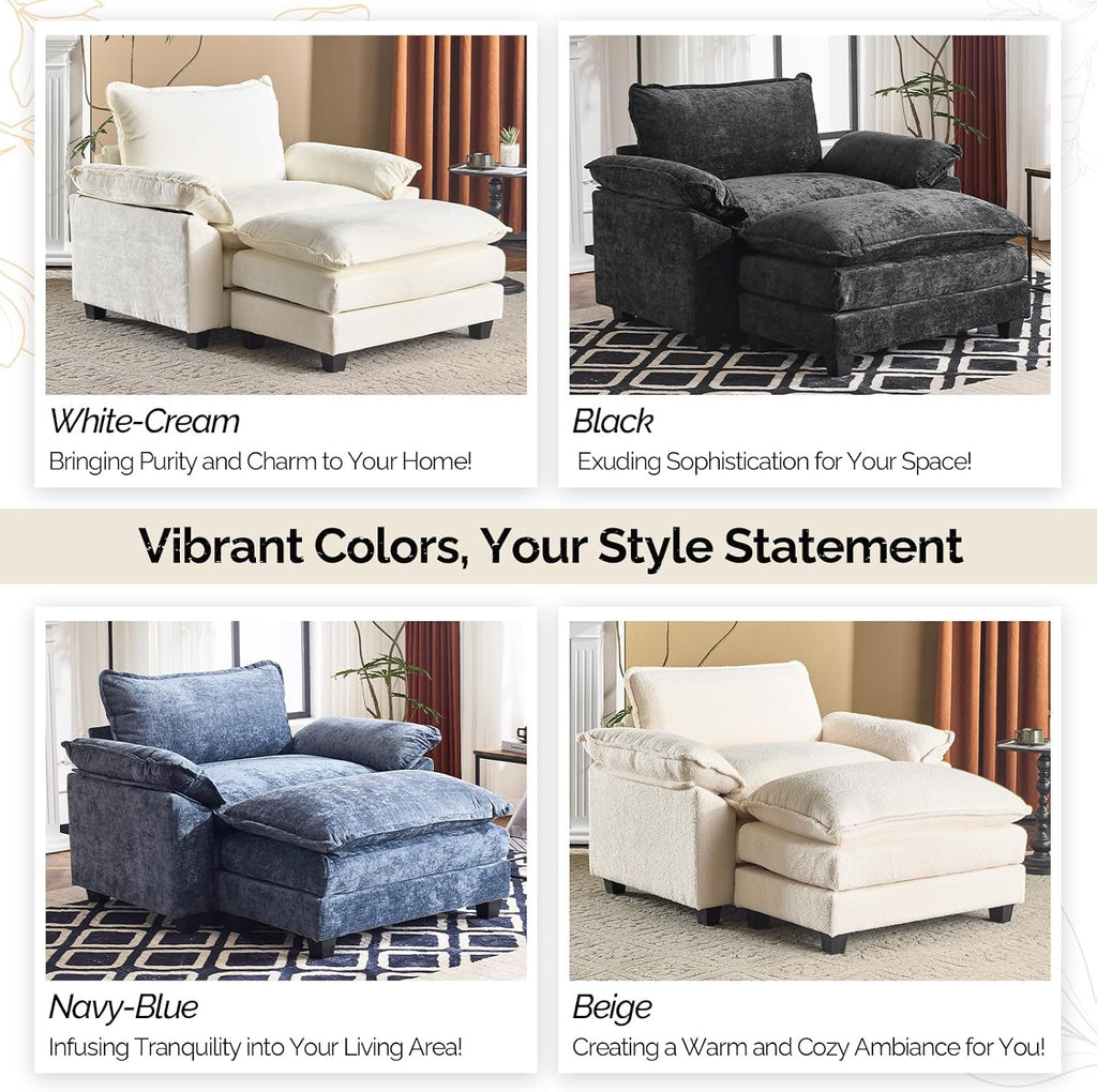 VINGLI Oversized Sofa Chair and a Half with Deep Seat & Movable 2-Layer Ottoman Set, Comfy Cloud Sofa Bed with Chaise, 1-Seater Modular Sectional Sleeper Couch for Living Room, Teddy-Fleece, Beige