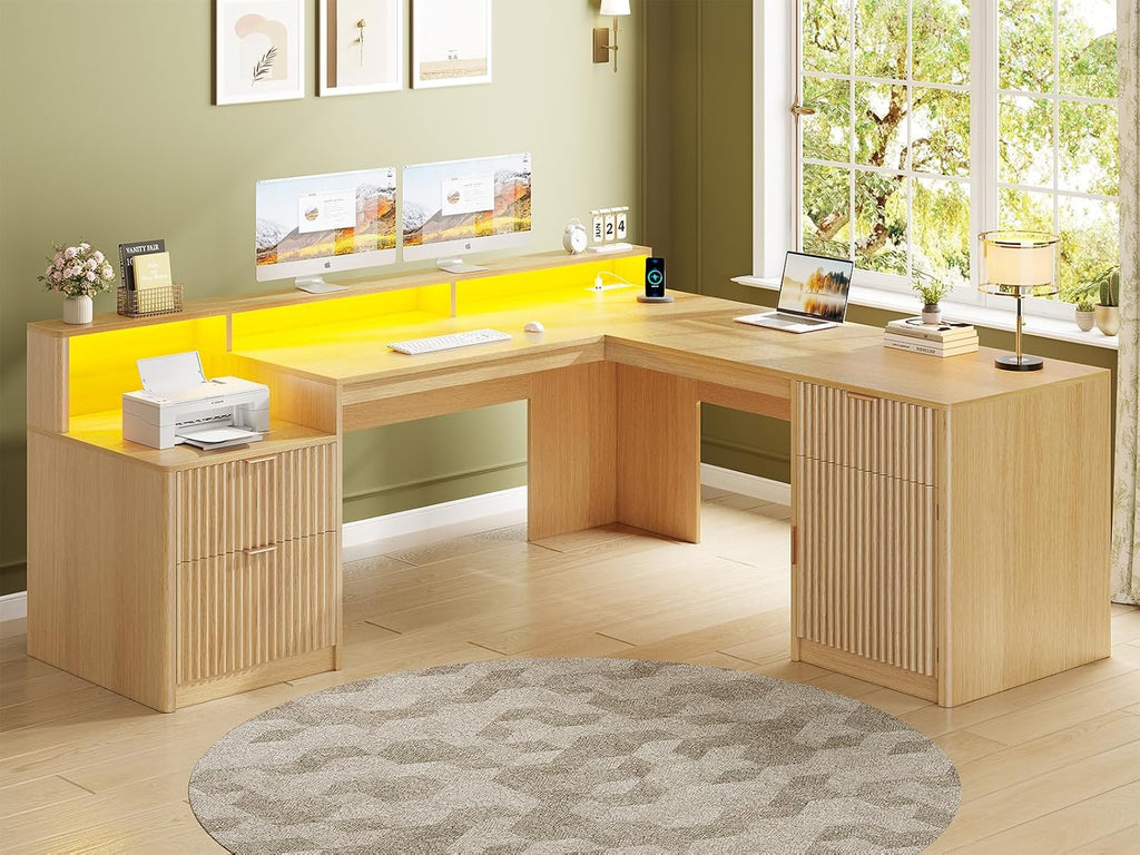 SEDETA 66' Modern L Shaped Desk with Drawers, Fluted Home Office Desk with File Cabinet and Printer Shelf, Wood Executive Desk with Monitor Stand, Power Outlets, Led Lights, Oak
