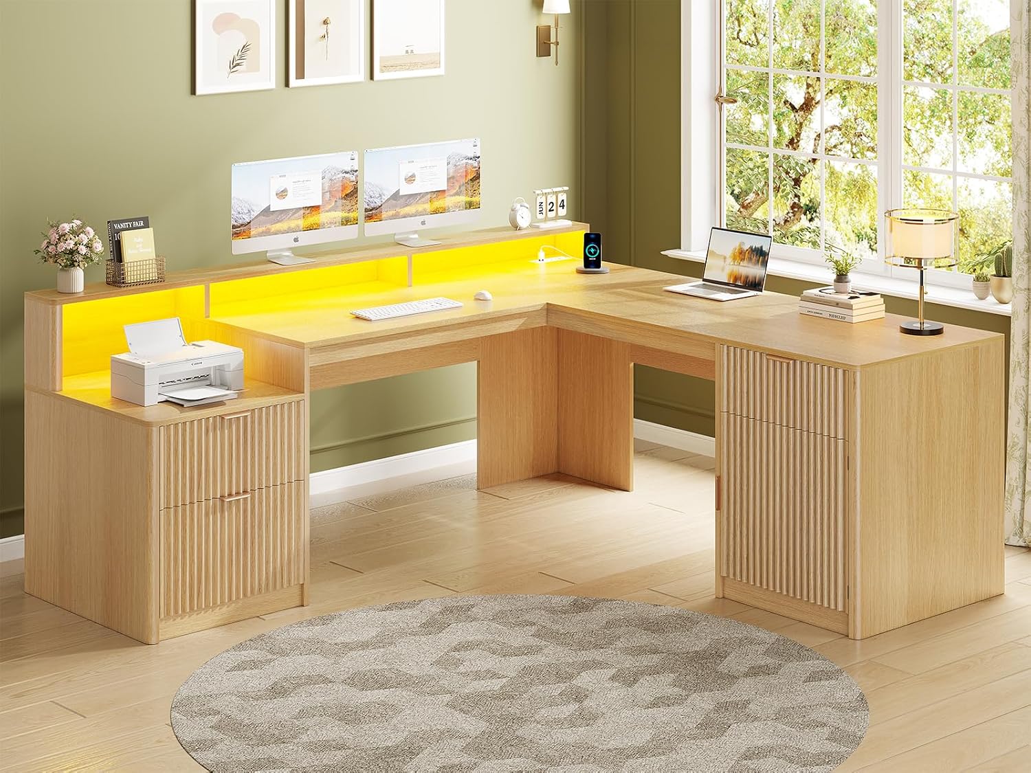 SEDETA 66' Modern L Shaped Desk with Drawers, Fluted Home Office Desk with File Cabinet and Printer Shelf, Wood Executive Desk with Monitor Stand, Power Outlets, Led Lights, Oak