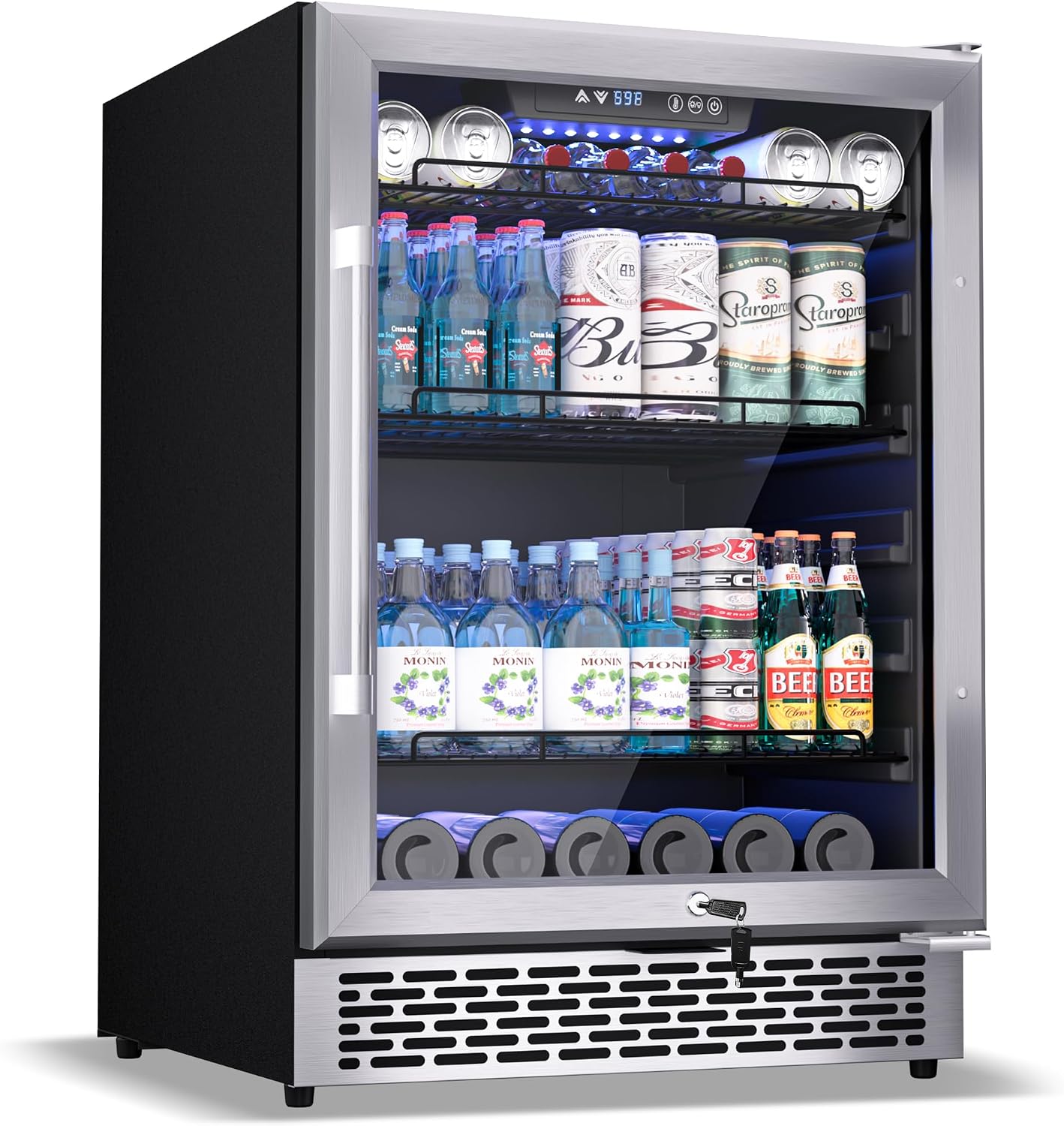24-Inch Beverage Refrigerator, 200-Can Glass Door Cooler with Adjustable Shelves, Quiet Cooling, Freestanding or Under-Counter – Compatible with Beer, Soda, Wine, Milk, Suita