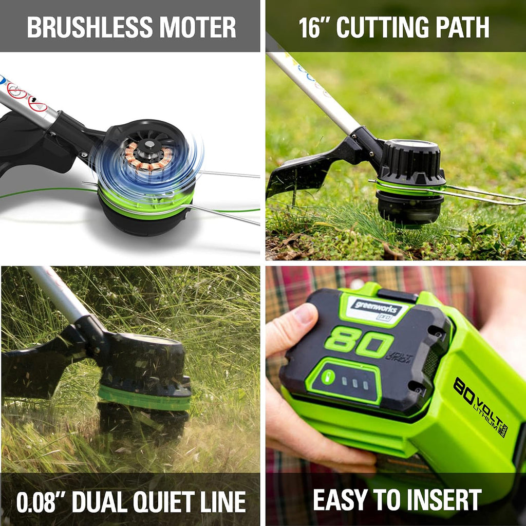 Greenworks 80V Brushless Cordless Yard Tool Combo Kit with 2.0Ah Battery & Rapid Charger – 16' Dual-Line String Trimmer and 500 CFM / 125 MPH Leaf Blower, Variable Speed, 4-Year Warranty