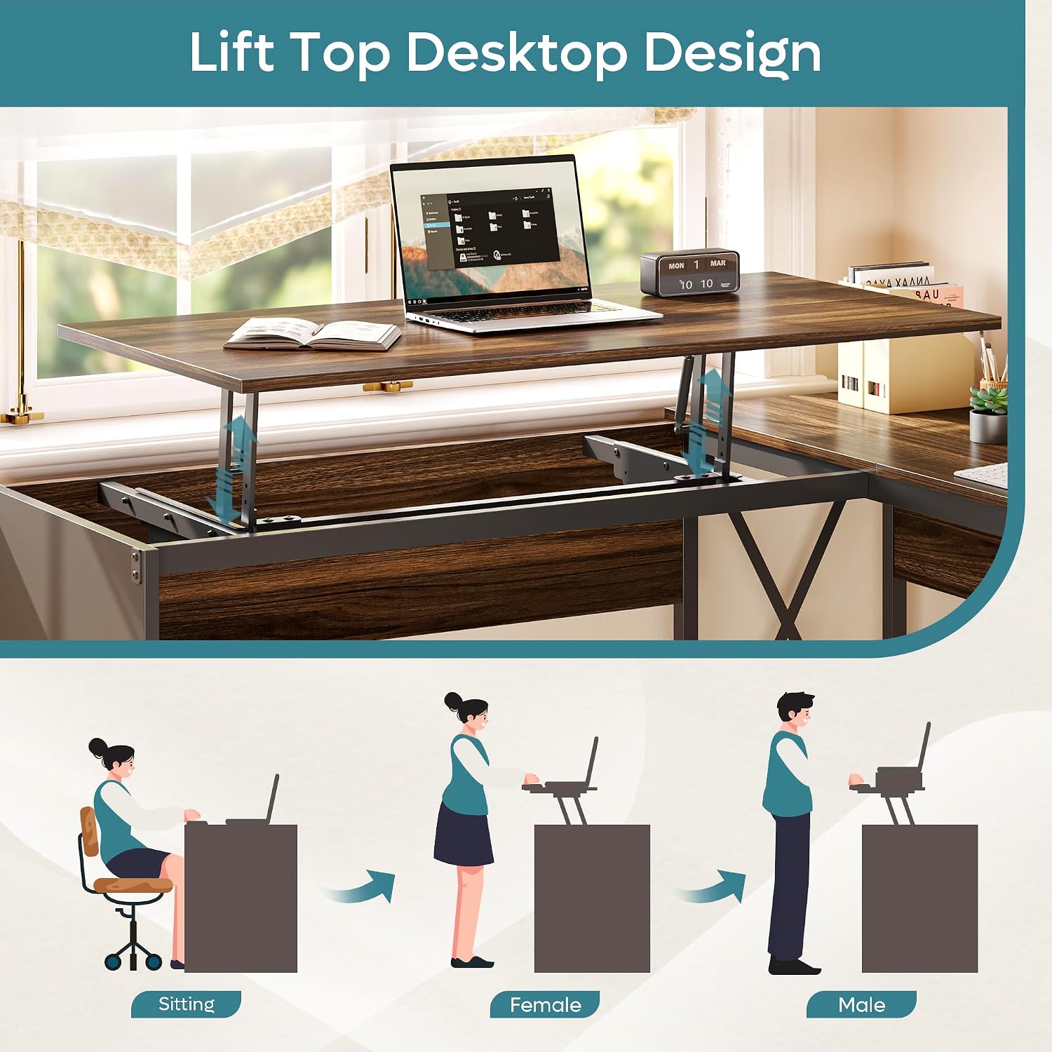 Bestier L Shaped Standing Desk with Lift Top, 55' x 55' Standing Corner Desk for Home Office, Computer Desk with Reversible File Drawer and Monitor Stand, Walnut