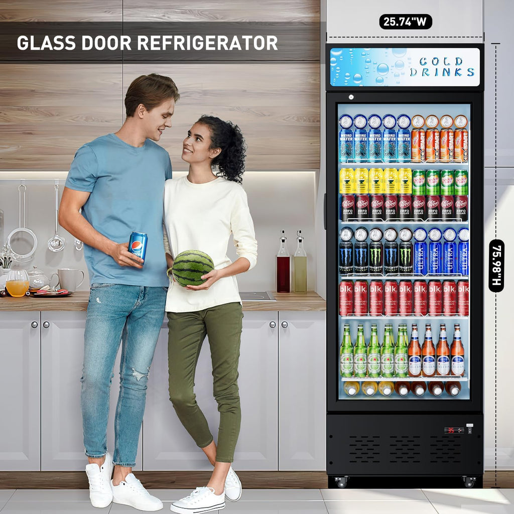 Commercial Beverage Refrigerator, 15 Cu.ft.Display Fridge Glass Door Upright Display Door with Adjustable Shelves LED Light for Restaurant,Grocery Stores,Office