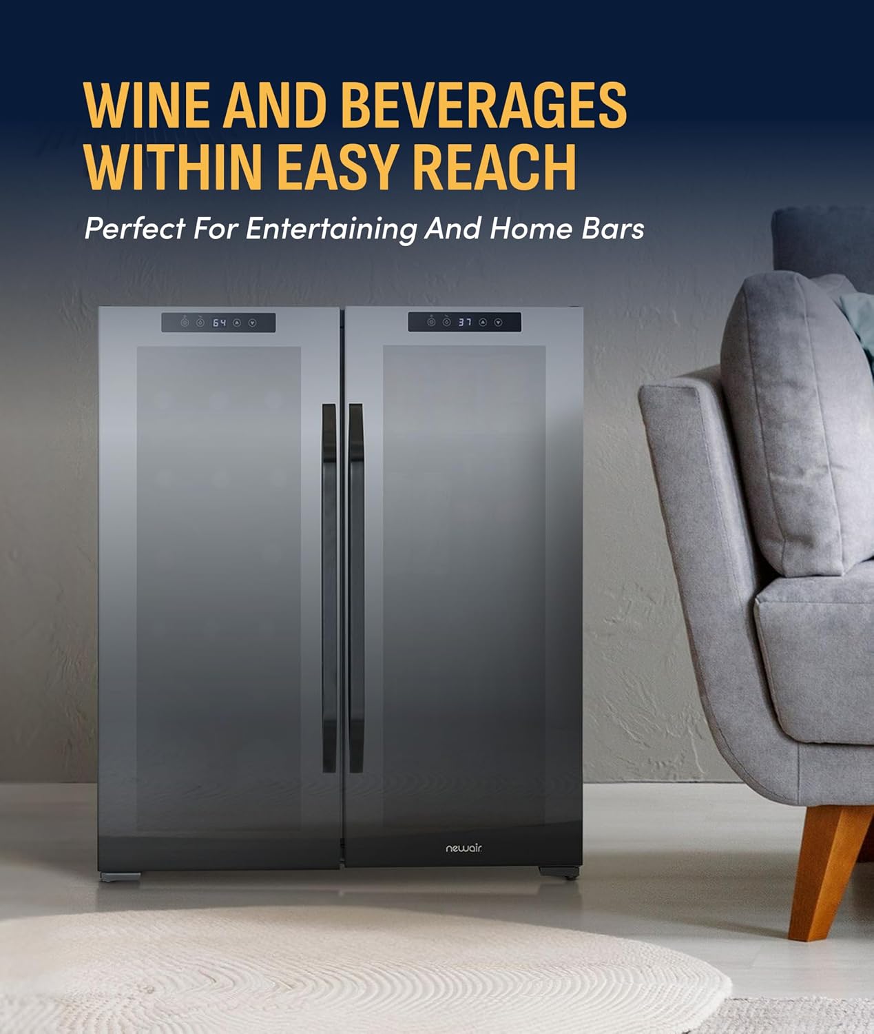 NewAir 27' Dual Zone Beverage Refrigerator & Wine Cooler for 18 Bottles & 59 Cans | Freestanding or Built-In Under Counter Mini Fridge for Beer, Wine and Soda | Black