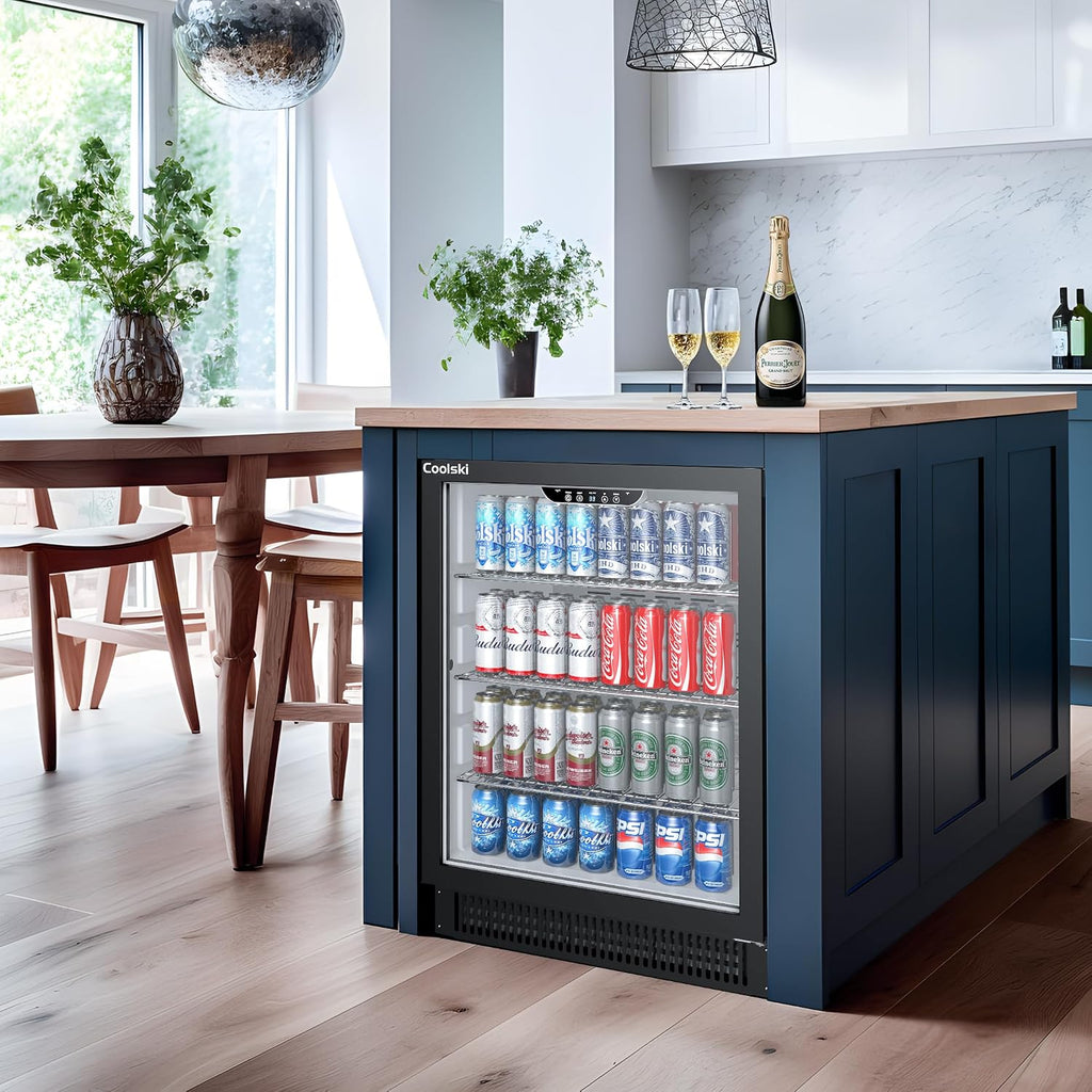 Coolski Beverage Refrigerator, 24 Inch Under Counter Beverage Fridge, 180 Cans Built-In or Freestanding Beverage Cooler with Glass Door for Home Bar Kitchen, ETL, DOE, NSF Approved