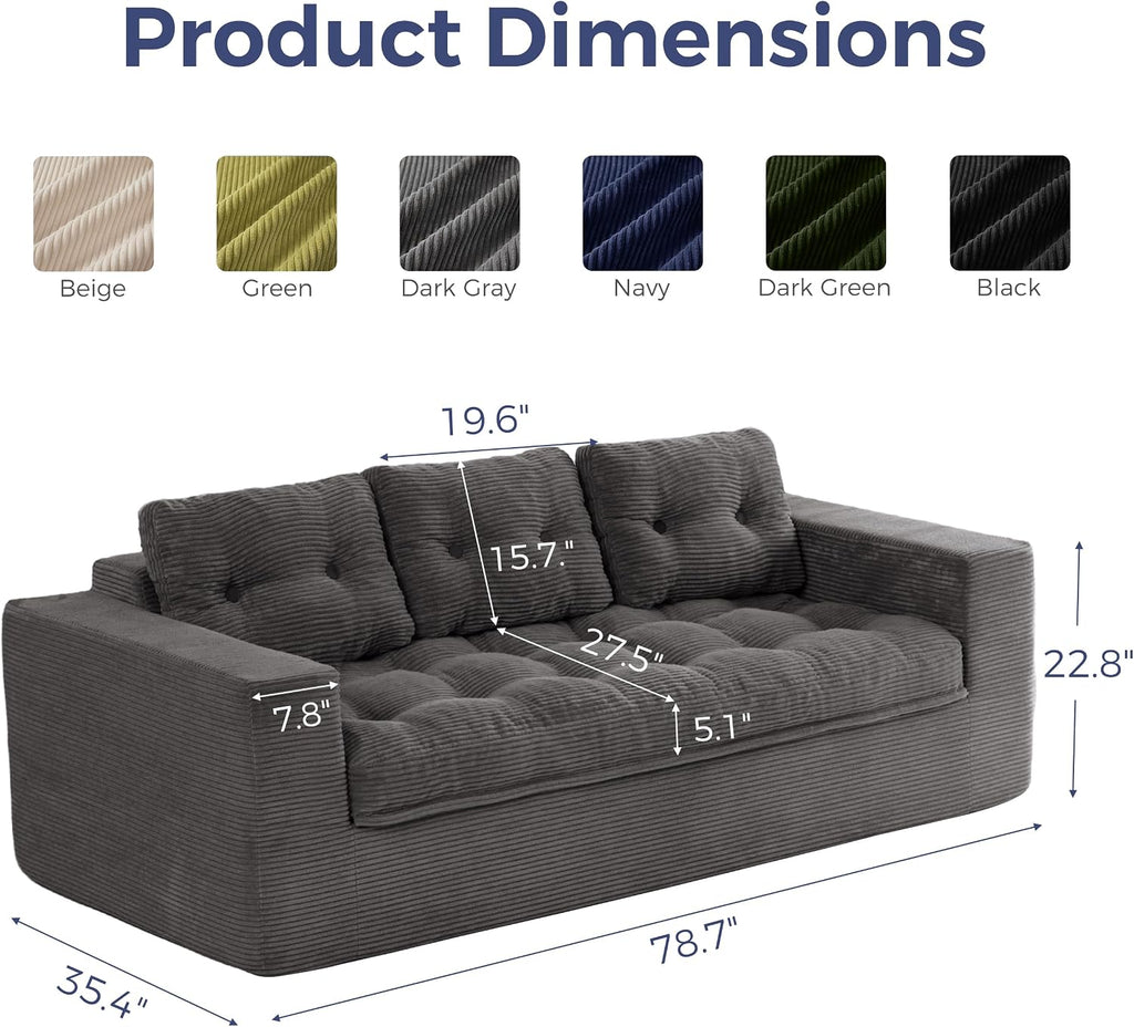 MAXYOYO 79' Loveseat Sofa Couch for Small Spaces, Upholstered Boneless Cloud Couch for Apartment Bedroom, 3-Seater Love Seat Floor Modern Sofa with Pillows, No Assembly Required, Dark Grey