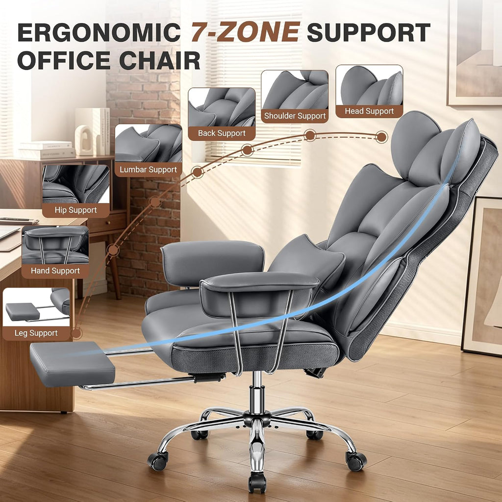ALLGOD Office Chair Comfy, Big and Tall Executive Leather Chair, High Back Ergonomic Wide Chair with Footrest, Reclining Computer Desk Chair, Heavy Duty Gaming Chair with Padded Arm and Pillow, Grey