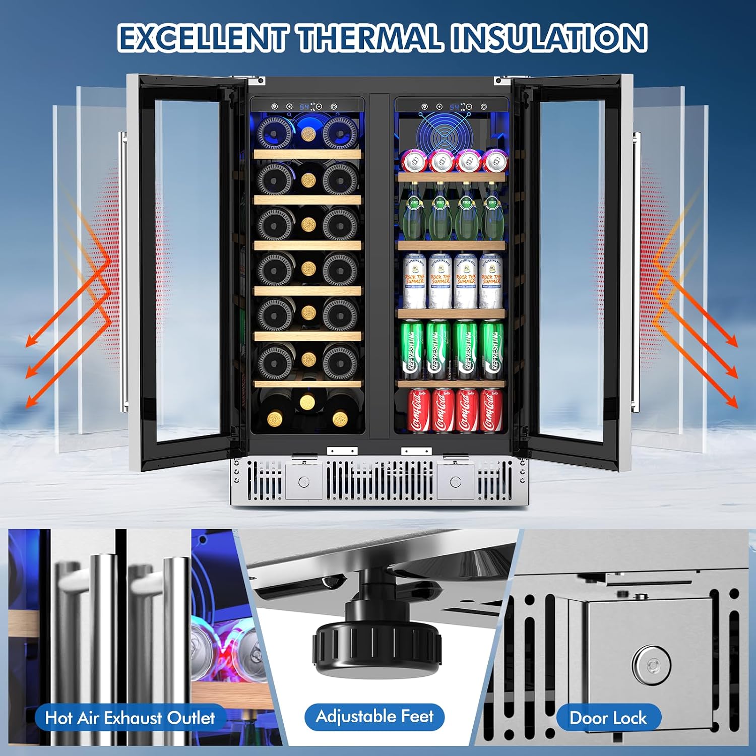 Antarctic Star Dual Zone Wine and Beverage Refrigerator, 24 Inch 4.4 Cu.Ft Built-in or Freestanding Under Counter Cooler with French Glass Doors, Fits 21 Bottles and 88 Cans, Digital Touch Control