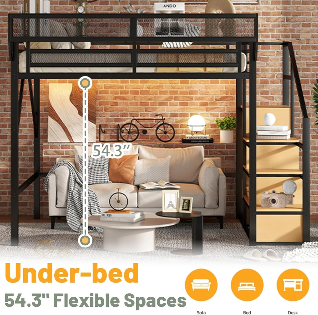 Queen Size Loft Bed Frame for Adults,Metal Lofts Bed Queen with Stairs & Storage Shelves, Heavy Duty High LoftBed with Wardrobe for Teens,Girls Boys, No Box Spring Needed, No Noise, Black