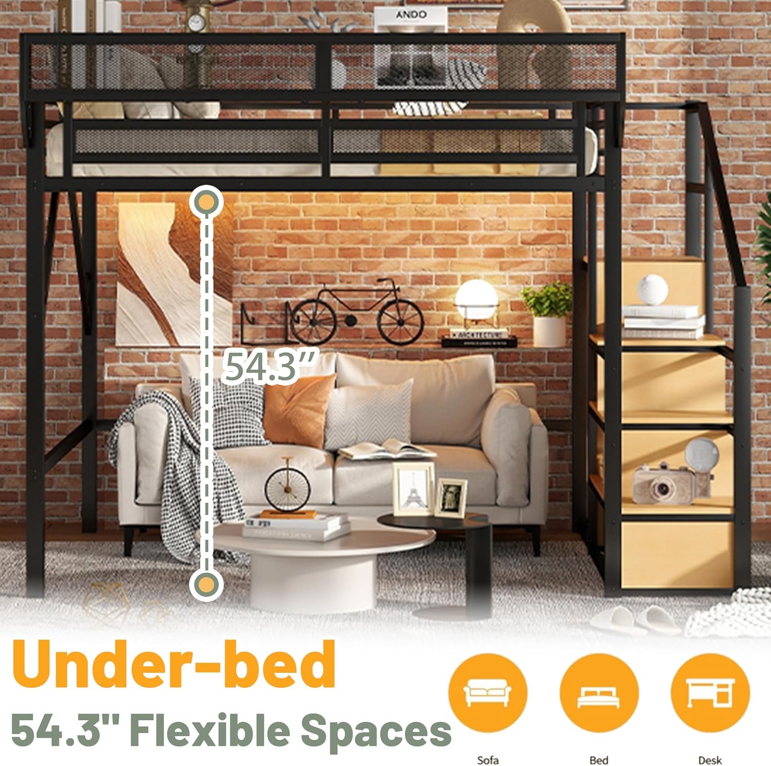 Queen Size Loft Bed Frame for Adults,Metal Lofts Bed Queen with Stairs & Storage Shelves, Heavy Duty High LoftBed with Wardrobe for Teens,Girls Boys, No Box Spring Needed, No Noise, Black