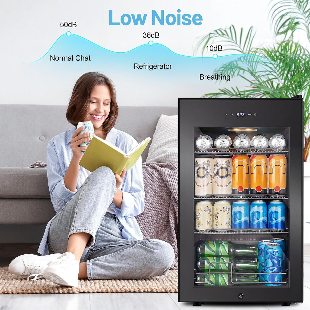 Beverage Refrigerator Cooler, 17 Inch 120 Cans Freestanding Mini Fridge with Glass Door, Adjustable Shelves and LED Light, Small Drink Fridge Counter-top Beer Fridge for Bedroom Office Bar