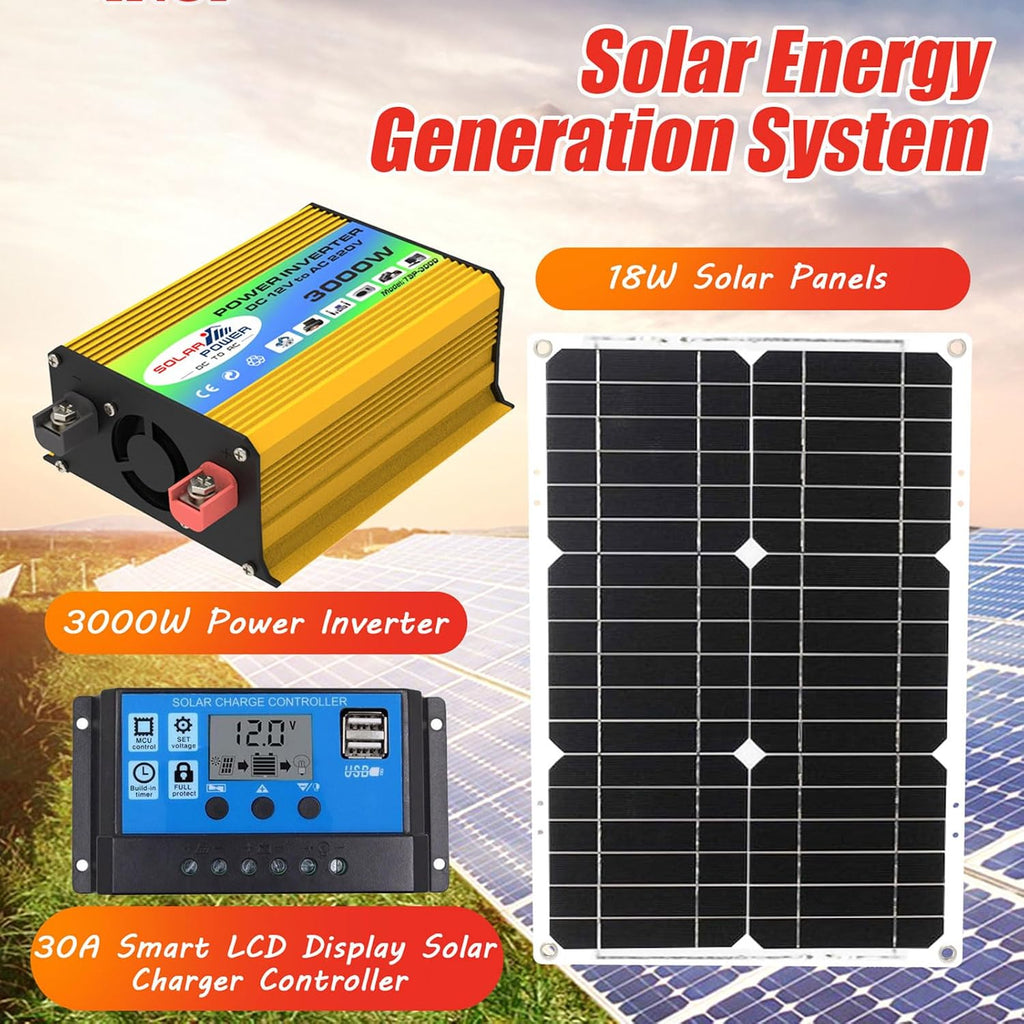 Portable Solar Power System 3000W Inverter with 18W Waterproof Solar Panel & Smart LCD Charge Controller for RV and Home Use