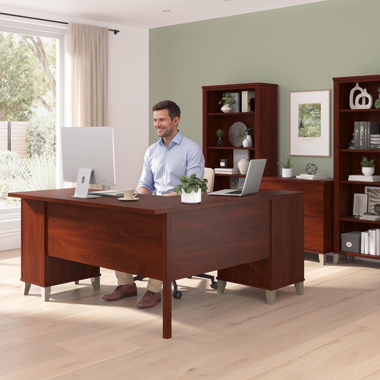 Bush Home 60-Inch L-Shaped Desk with Storage, Corner Computer Office Desk with Drawers and Storage Cabinet, Home Office Furniture, Somerset Collection, Hansen Cherry