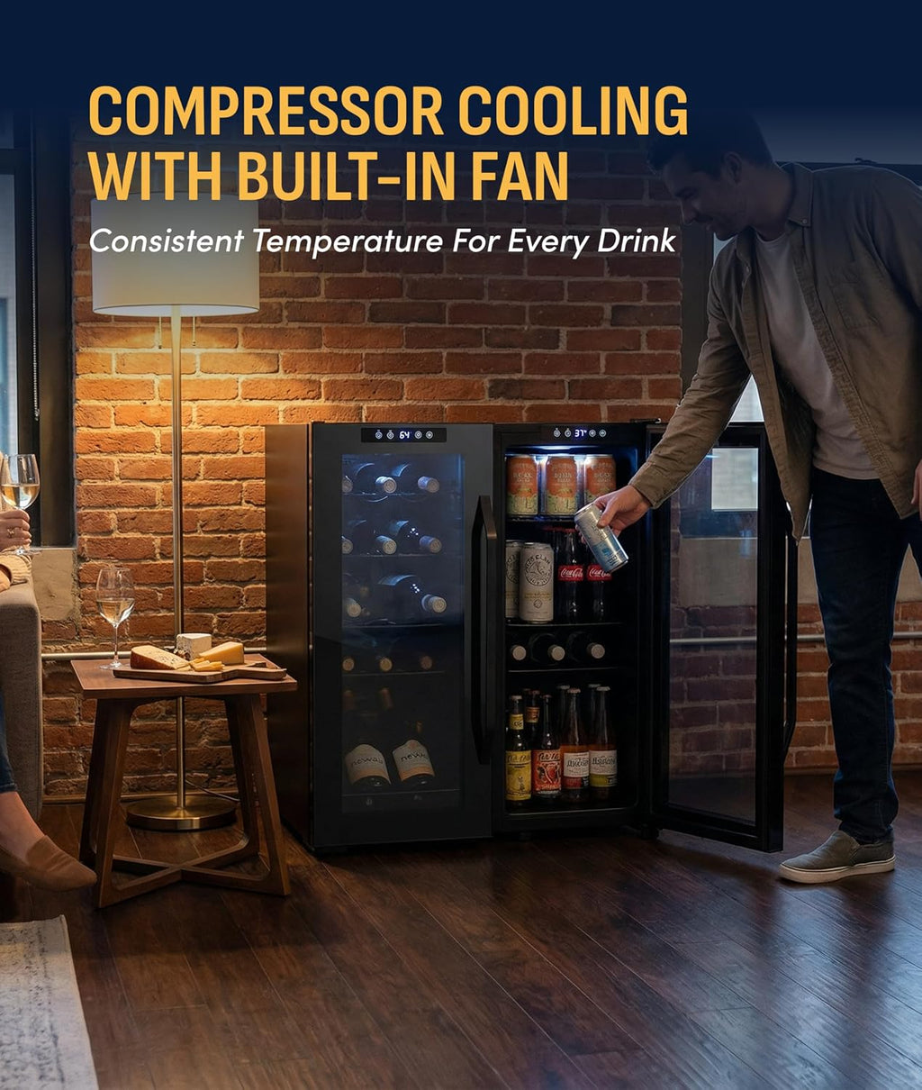 NewAir 27' Dual Zone Beverage Refrigerator & Wine Cooler for 18 Bottles & 59 Cans | Freestanding or Built-In Under Counter Mini Fridge for Beer, Wine and Soda | Black