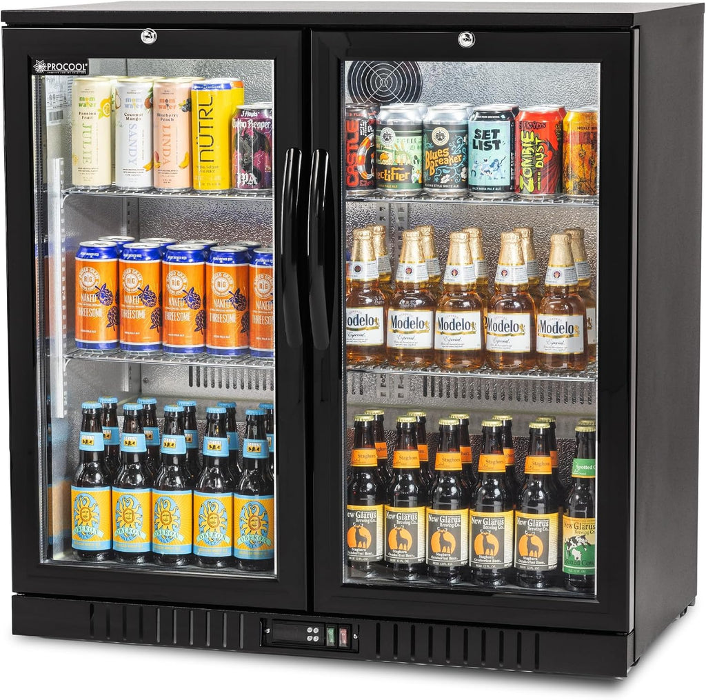 Procool 2-Door Counter Height Beverage Refrigerator - 36' Wide Energy Efficient Black Bar Fridge With Glass Doors & LED Lighting - Commercial Back Bar Cooler