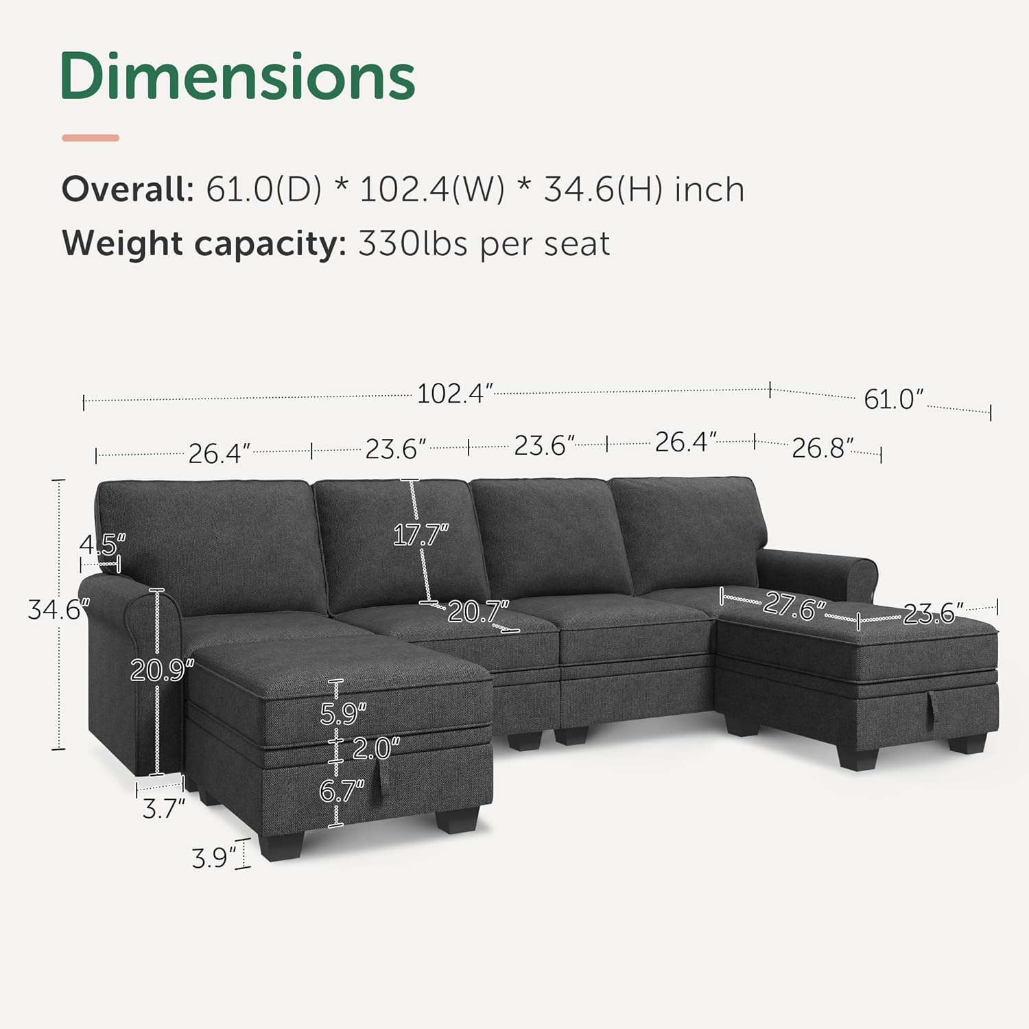 HONBAY Sectional Sofa with Storage Seat U Shaped Couch with Reversible Chaise Convertible Sectional Couches for Living Room,Dark Grey