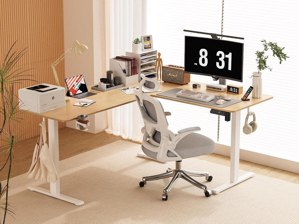 WALKINGDESK 75x61 Inches Reversible L Shaped Standing Desk Height Adjustable with Cup Holder, Electric Corner Computer Workstation for Home Office, Ergonomic Sit Stand up Gaming Desk, Oak