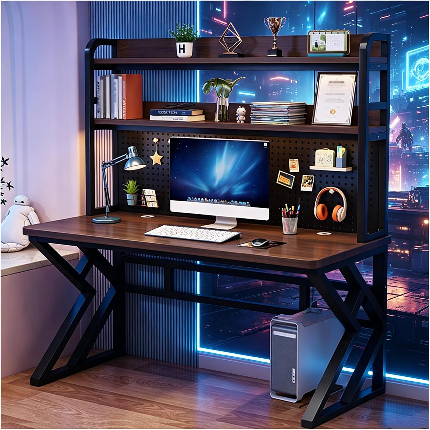 39.3in Gaming Desk with Bookshelf Combo, Computer Desk with Pegboard, Large Writing Table with Desktop Shelves, Ample Leg Room, for Home Office (Brown, 39.3in)