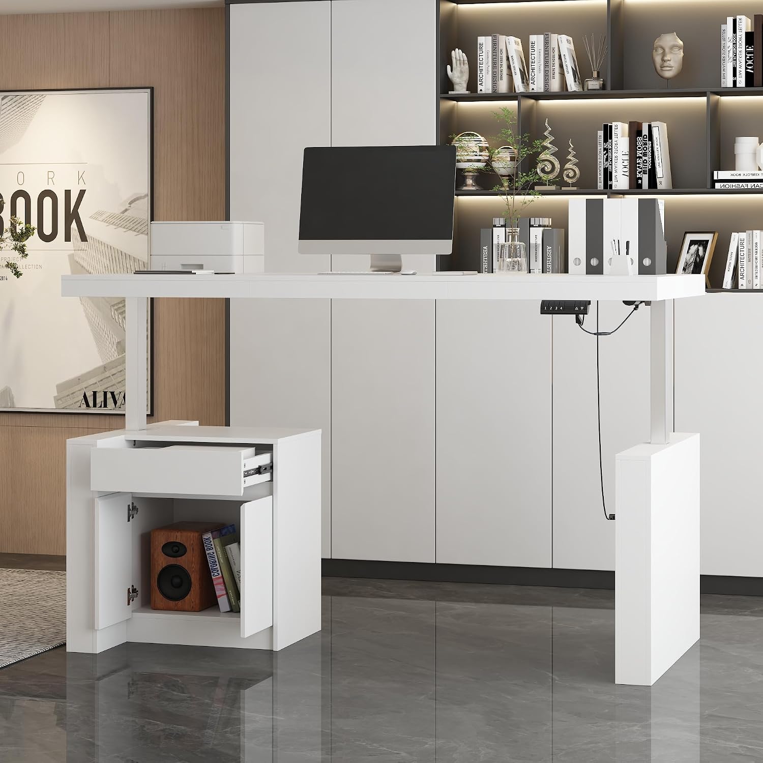 70.9' W Height Adjustable Standing Desk with Drawers & Cabinet, Electric Stand up Desk with Storage, I Shaped Home Office Table Corner Computer Workstation, White (29.5'-44.1' H)