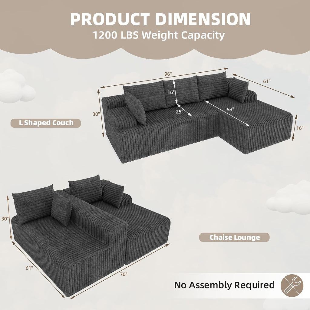 2026 New Boneless Couch, No Assembly Cloud Couch Sectional with Deep Seat & Chaise for Small Space, Upholstered Boneless Sectional Couch for Living Room, L Shaped Couch with Right Facing Chaise, Grey