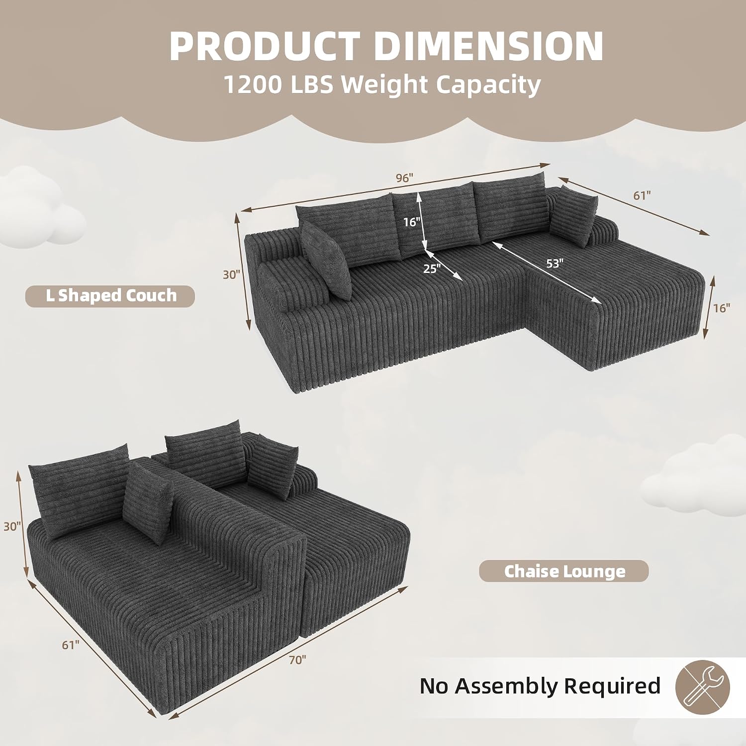2026 New Boneless Couch, No Assembly Cloud Couch Sectional with Deep Seat & Chaise for Small Space, Upholstered Boneless Sectional Couch for Living Room, L Shaped Couch with Right Facing Chaise, Grey