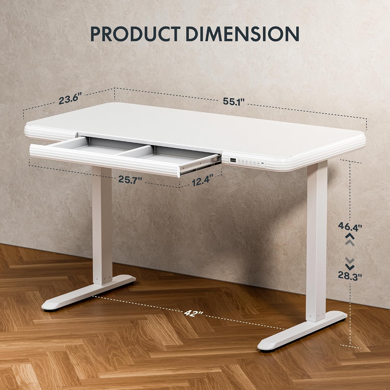 FLEXISPOT Comhar Electric Pure Glass Standing Desk with Drawer Desktop & USB Charge Ports, 48' Ergonomic Height Adjustable Sit to Stand Desk for Home Office (White, Glass)