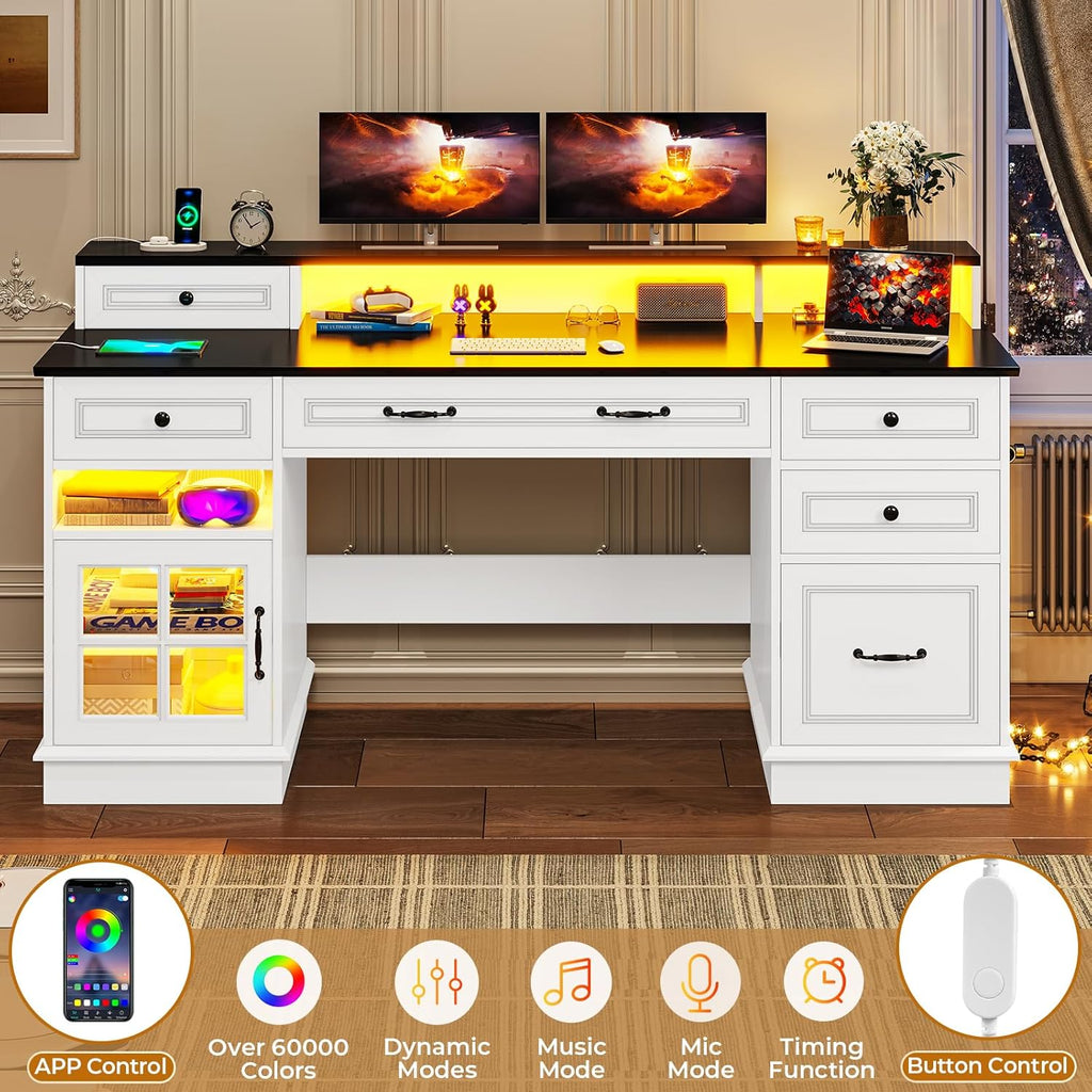 BTHFST Executive Desk with File Drawer, Computer Desk with Monitor Stand, Home Office Desk with Drawers & Storage Cabinet, Writing Desk with Charging Station & LED Lights, White