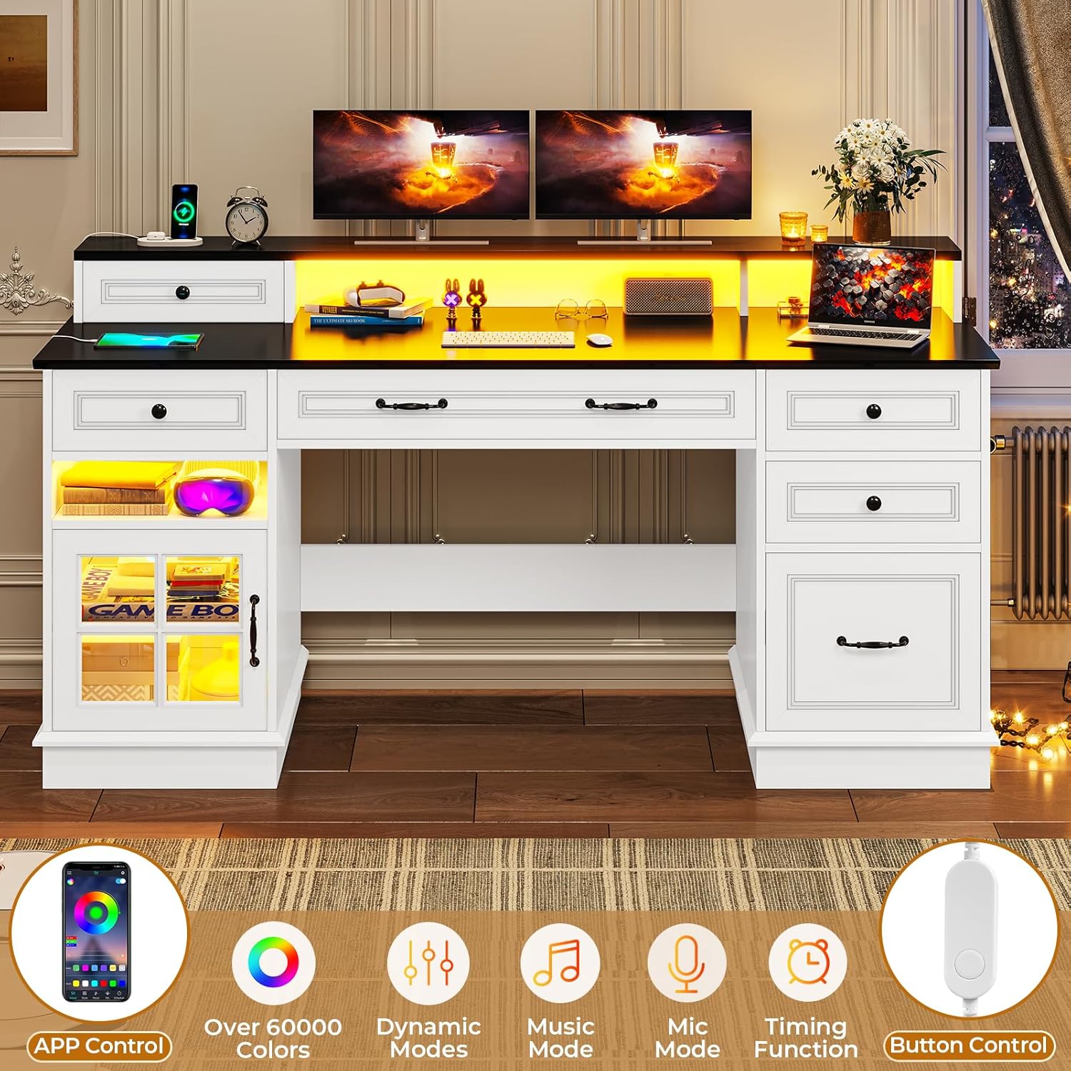 BTHFST Executive Desk with File Drawer, Computer Desk with Monitor Stand, Home Office Desk with Drawers & Storage Cabinet, Writing Desk with Charging Station & LED Lights, White