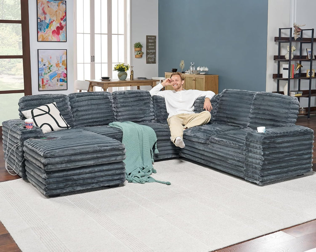 AMERLIFE 112 Inch U Shaped Couch, Oversized Sofa with Storage Chaise & Cup Holders, Sectional Sofa with USB & Type-C Charging Ports, Faux Fur Dark Grey Sofa