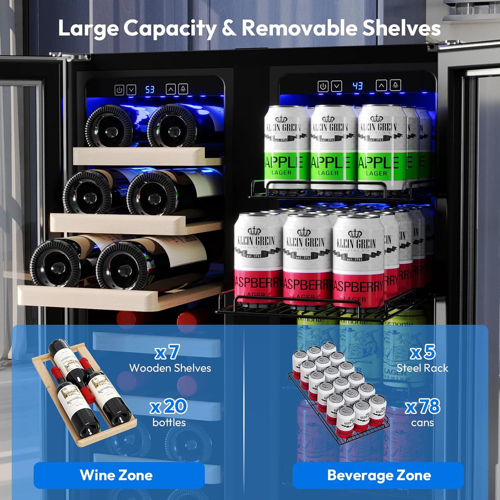 Empava 24' Dual Zone Wine and Beverage Refrigerator Cooler, Freestanding or Under Counter Fridge Chiller with LED Light, 78 Cans and 20 Bottles Capacity, Touch Control, Stainless Steel