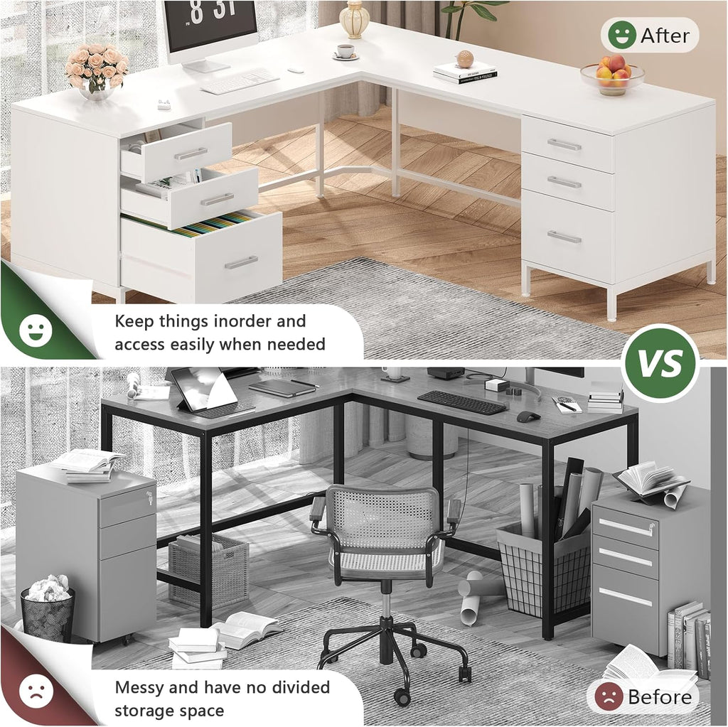 TVU 59'' L Shaped Desk with 6 Wooden Drawers, Large Home Office Corner Computer Desk with Storage File Cabinet, Modern Metal Wood Desk for Executive Writing Study Workstation, White