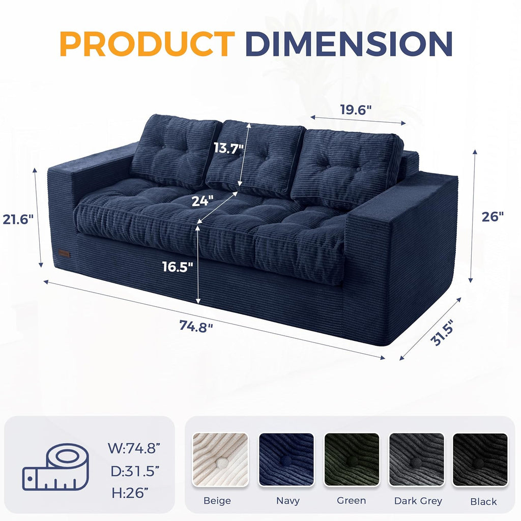 MAXYOYO 3 Seater Couch for Living Room, Boneless Couch with Tufted Cushion & Backrest, Upholstered Floor Sofa, Sofa in A Box, Navy