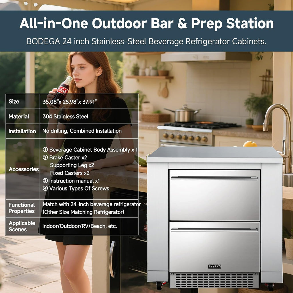BODEGA Stainless Steel Outdoor Kitchen Cabinet for Beverage Refrigerator, Undercounter Kitchen Appliances Cabinet with Wheel for Outdoor Kitchens Island, All Weather.